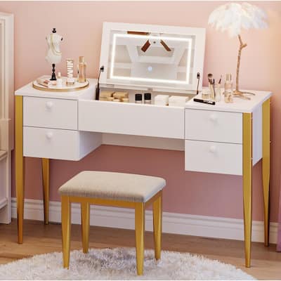 47" Makeup Vanity Desk with Flip-Top LED Mirror, 3-Color Lights, 5 Drawers & Chair, Vanity Table Set for Bedroom