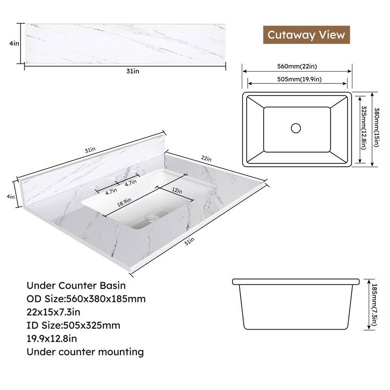 Roomfitters 31 Inch Bianco Carrara Venato Vanity Top with Rectangular Undermount Sink, Sintered Stone Bathroom Countertop, White