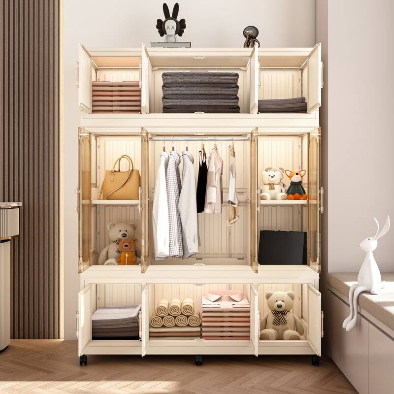 Portable Wardrobe Closet Organizer,Clothes Dresser,12 Magnetic Doors-12 Cubes&1 Hanging Rod,6 pcs hangers,Baby Wardrobe Cabinet