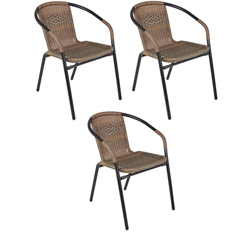 BTEXPERT Indoor Outdoor 3 - Set of Three Brown Restaurant Rattan Stack Chairs - Brown