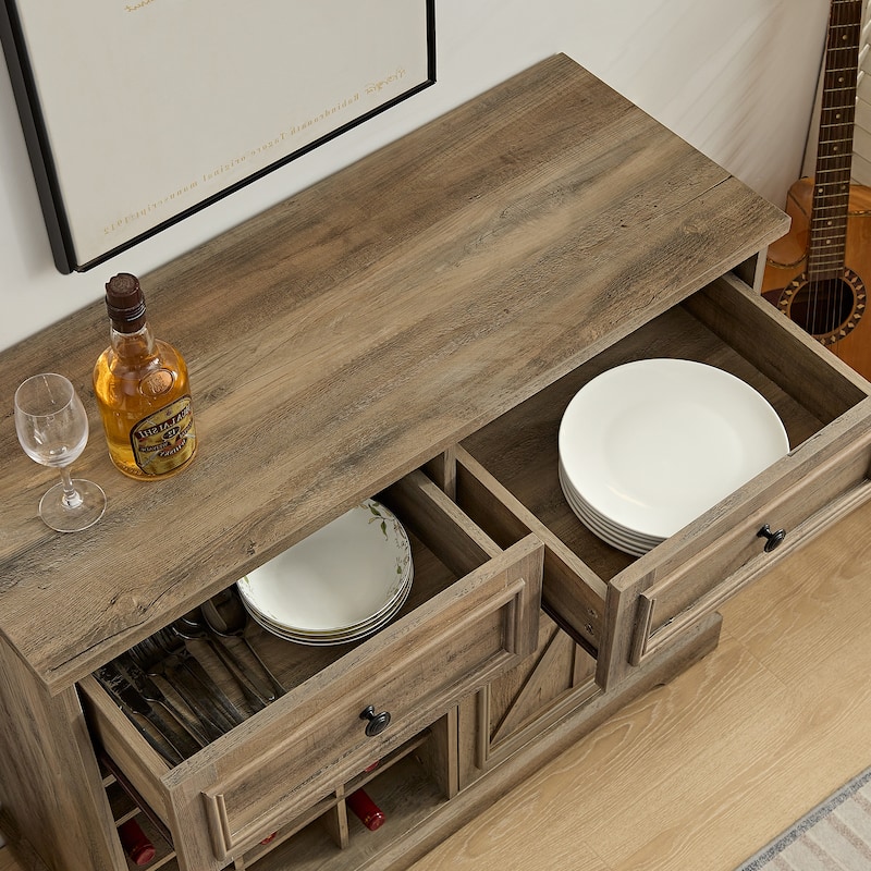 Barn Door Buffet Bar Cabinet With Drawers And Storage Shelves