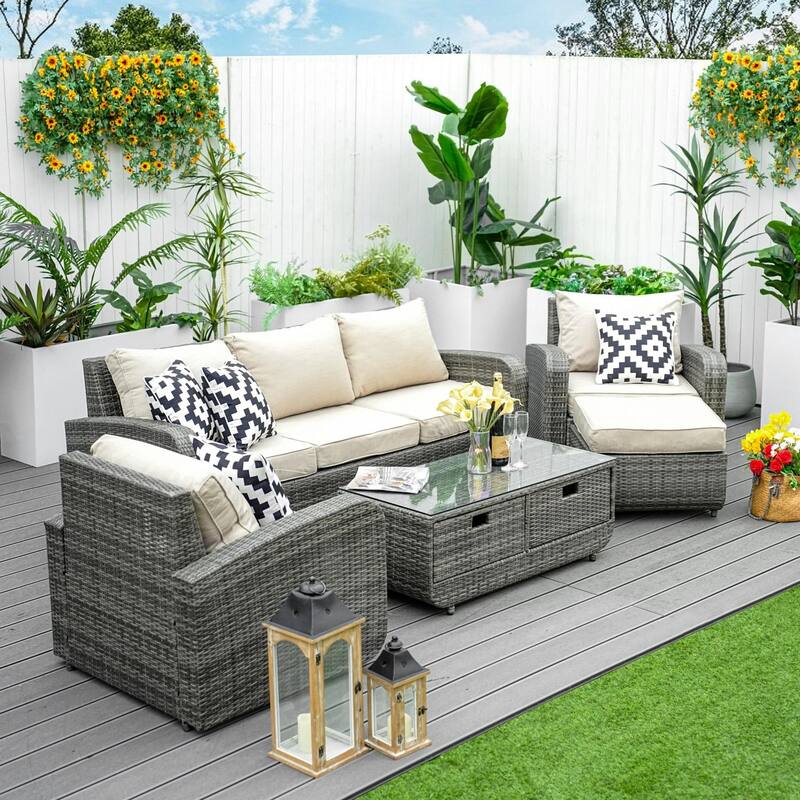 5-piece Wicker Patio Chat Set with Drawer Table