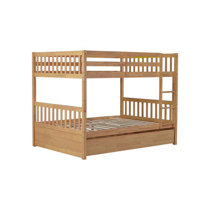 Roomfitters Full Over Full Rubber Wood Bunk Bed with Trundle, Convertible to Two Full Beds with Ladder and Guardrails
