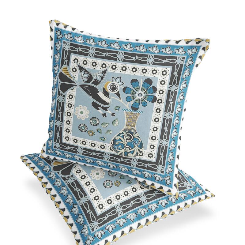 HomeRoots Set of Two 16" X 16" Blue and Black Peacock Blown Seam Floral Indoor Outdoor Throw Pillow - 16.00' X '16.00' X '5.00