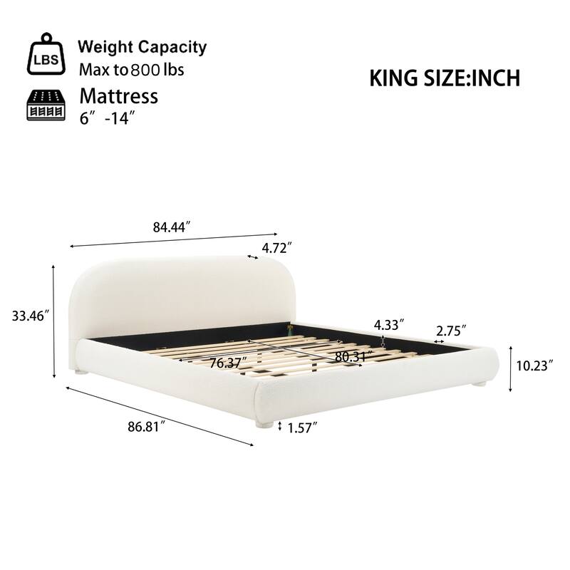 Modern Fabric Upholstered Bed with Curved Headboard, Strong Metal Frame, Queen/King Size Platform Bed