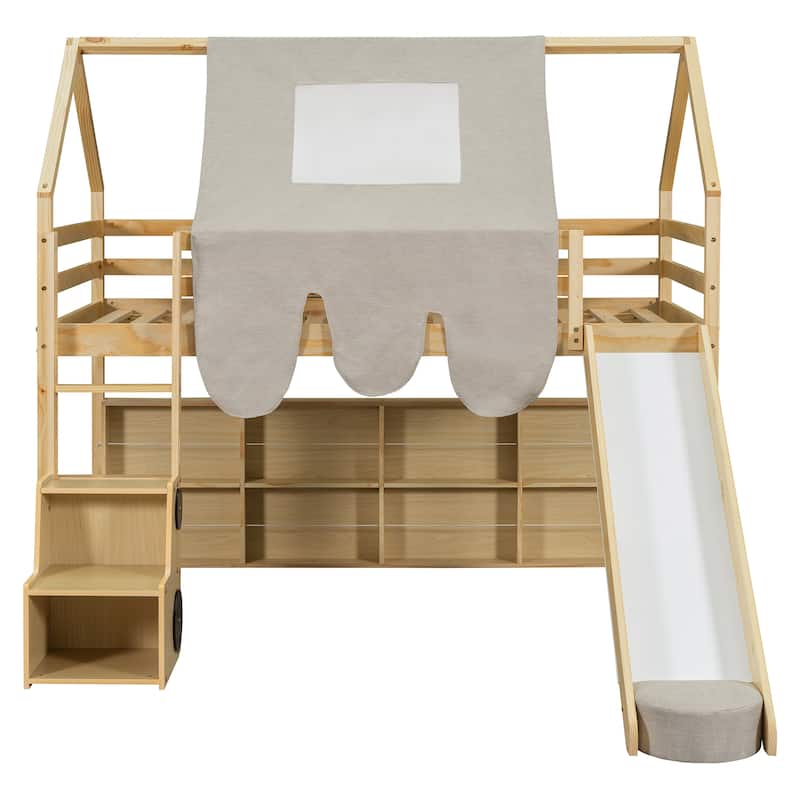 Twin size Wooden Loft Bed House-shaped Frame with a Tent