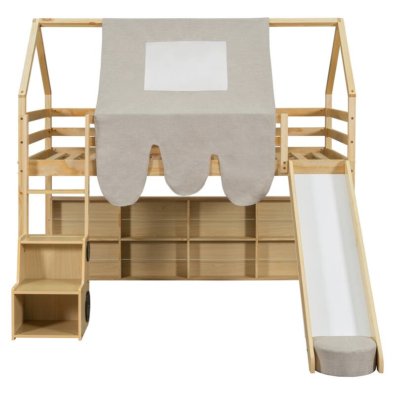 Twin size Wooden Loft Bed House-shaped Frame with a Tent