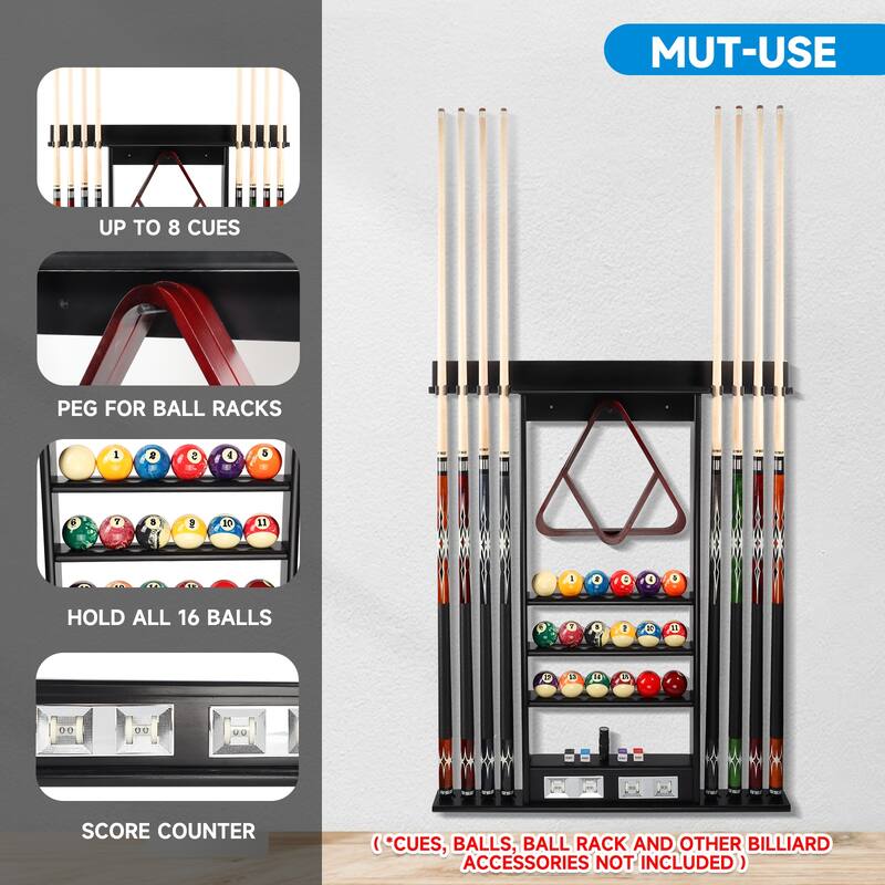 GSE™ 8-Pool Cue Wall Mounting Billiard Cue Rack, Hanging Wall Mounted Pool Cue Stick Holder with Score Counter