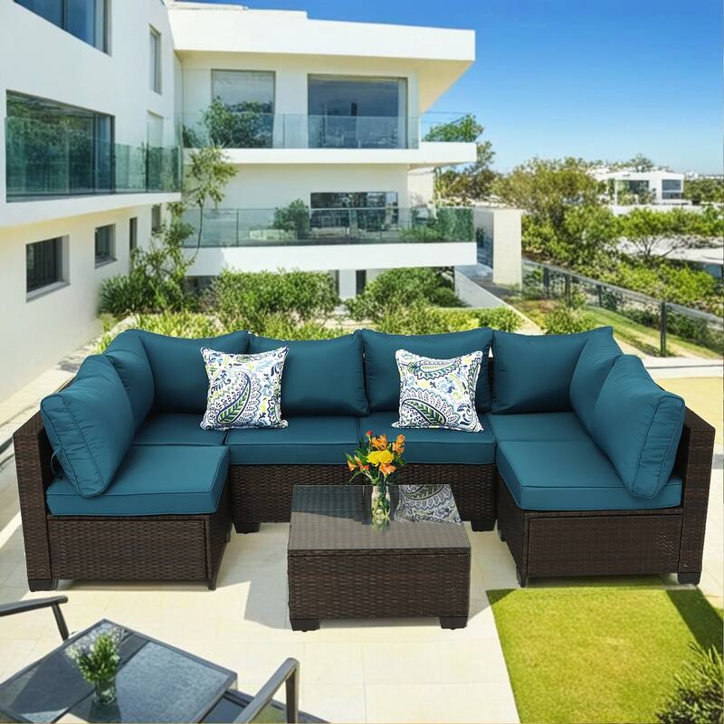7-Piece Wicker Outdoor Sectional Set with Glass Table and Cushions