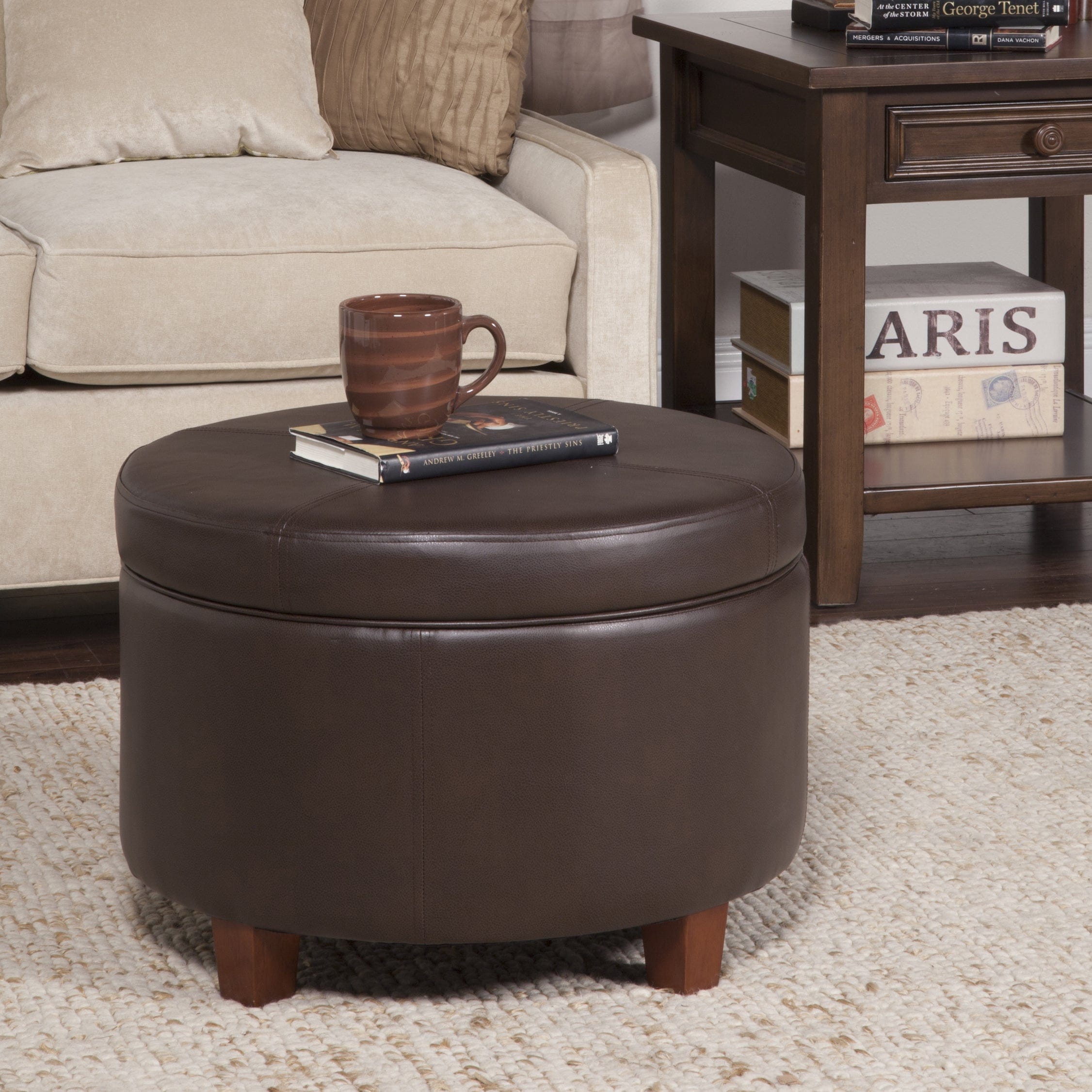 Porch & Den Rockwell Chocolate Faux Leather Round Storage Ottoman