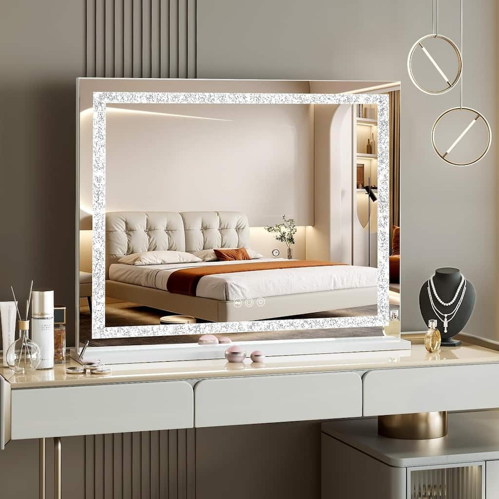 31.5"x 22.8"Makeup Mirror with Crystal Light Strip, Vanity Mirror wtih Smart Touch Control 3 Colors Dimmable Light Strip