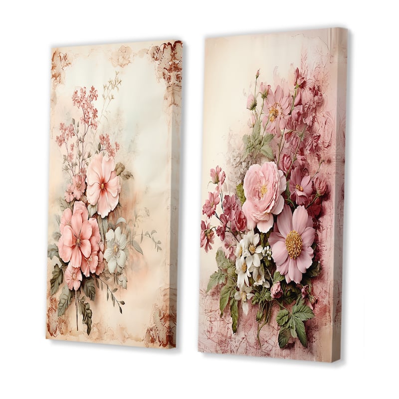 Designart "Blossoming Pink Rose Rustic Bouquet I" Rose Wall Art Set of 2 - Traditional Wall Art For Bedroom