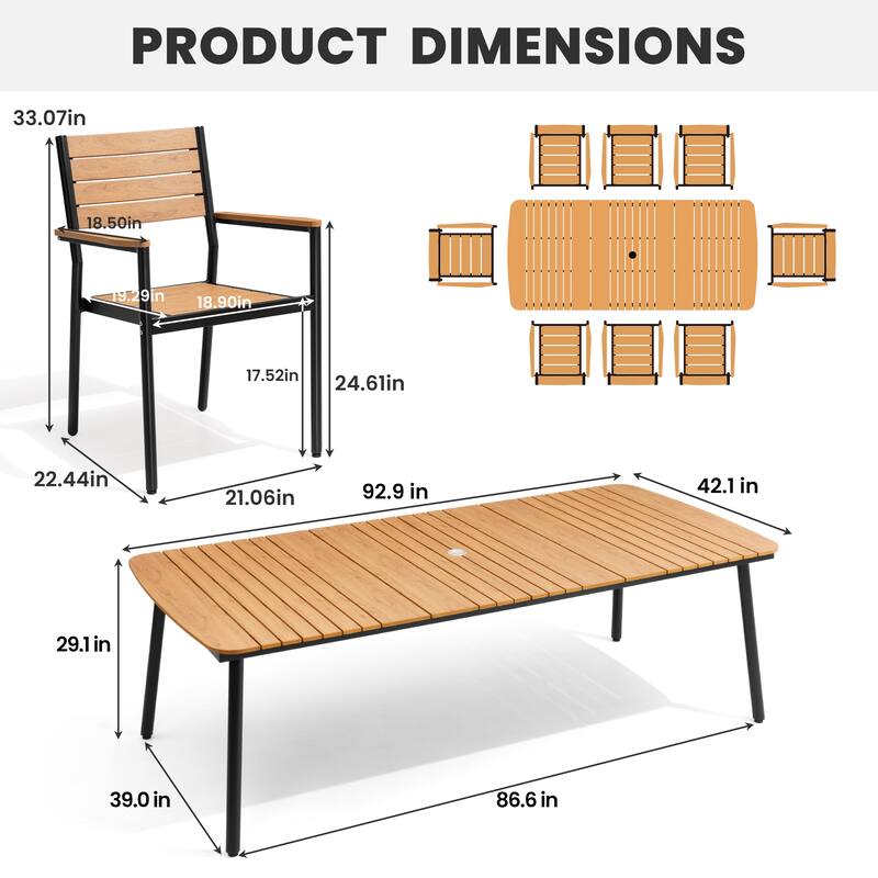 7-piece Patio Dining Set Outdoor Aluminum Rectangular Table with Umbrella Hole and Stackable Chairs