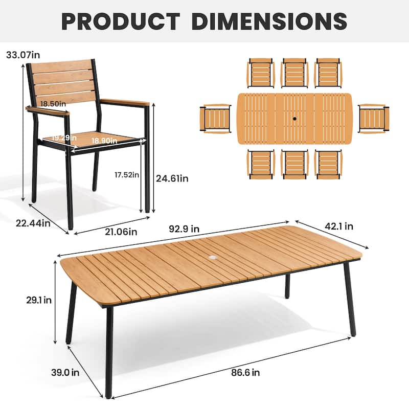 9-Piece Outdoor Rectangular Dining Table Set with Umbrella Hole and Stackable Armchairs