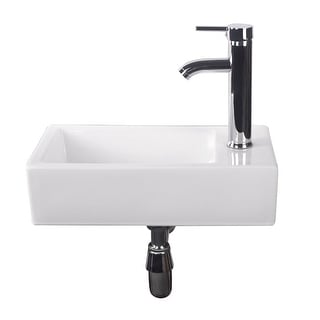 White Rectangle Bathroom Ceramic Vessel Sink Bowl Wall Mounted&Chrome Faucet