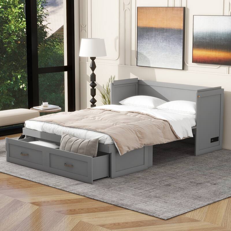 Space-Saving Design Murphy Bed with USB Ports, Large Drawers and Metal Handles