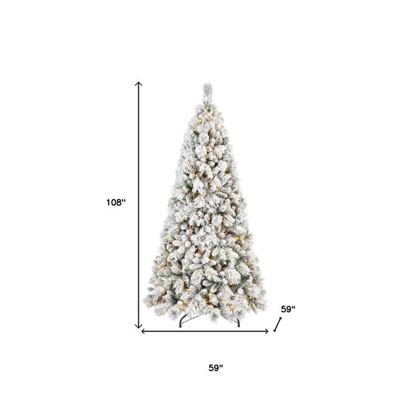 HomeRoots 9' White Pre Lit Full Flocked Pine Christmas Tree - 59.00 in. x 108.00 in. x 59.00 in.
