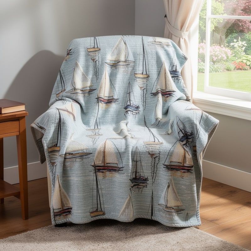 HomeRoots 50" X 70" Beige Ivory And Sky Blue Sailboat Microfiber Plush Throw Blanket - Throw - Sky Blue/Beige/Ivory