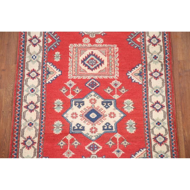 Hand Knotted Oriental 100% Wool Carpet Traditional Geometric Red Kazak Runner Rug - 9' 3'' X 2' 9''
