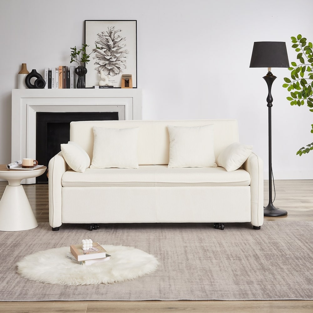 66 Inch Sleeper Sofa Bed with Pullout Bed 4 Pillows and Side Pockets Soft Corduroy Convertible Sleeper Sofa Bed