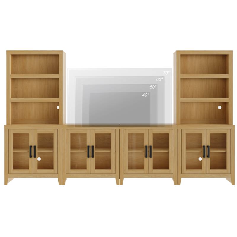 WAMPAT Farmhouse Entertainment Center with Bookshelves, Modular TV Stand with Storage Cabinets & Glass Doors