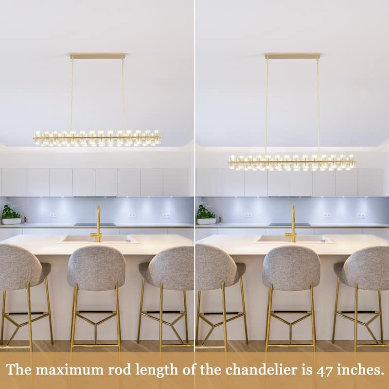 57.09-inch 56-light modern and stylish linear metal chandelier with crystal lampshades