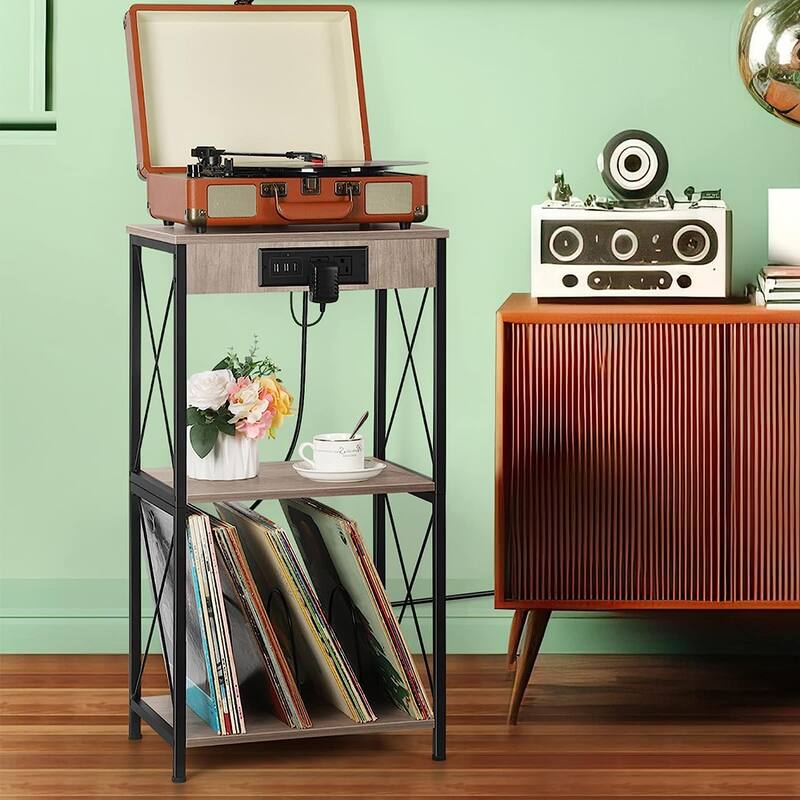 3-Tier Vinyl Record Storage Shelf Turntable Stand with Charging Station