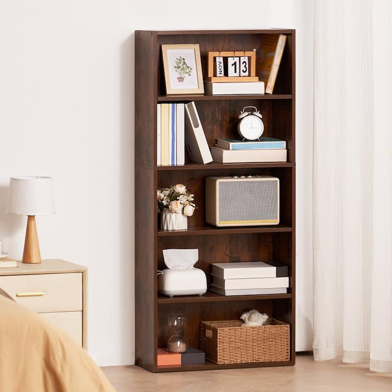 Brown 53" Wooden 5 Tiers Narrow Open Bookshelf with Height Adjustable and Removable Shelf - 23.5" x 9.3" x 53"