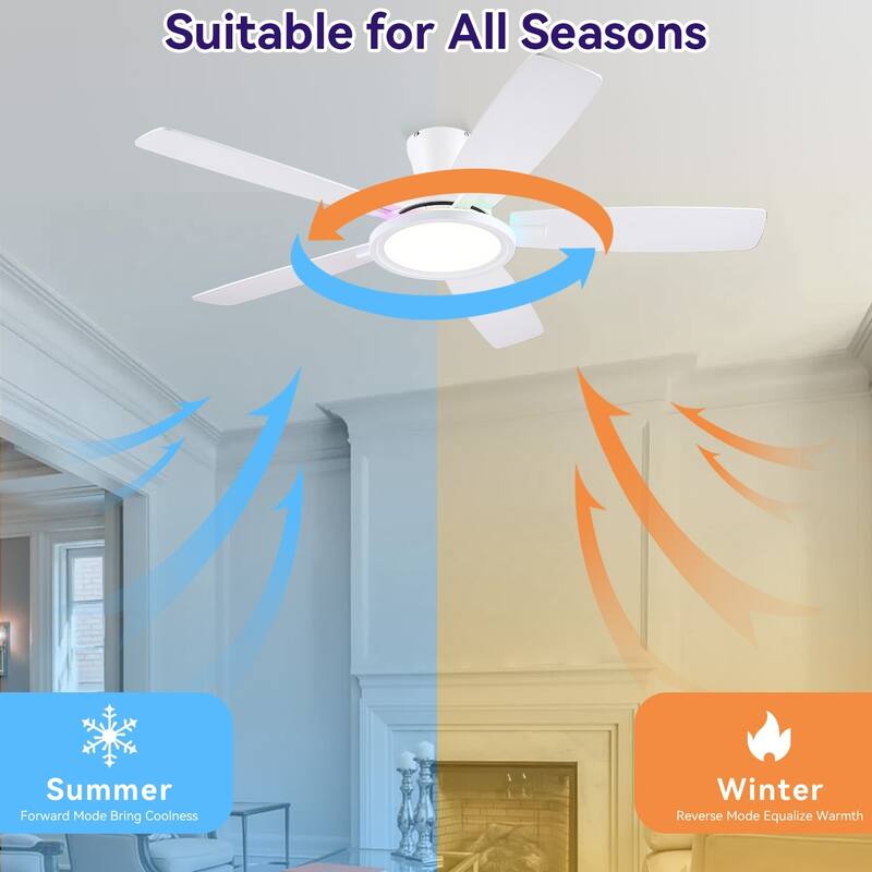 52 Inches RGB Flush Mount Ceiling Fan with Light,Reversible DC Motor for Bedroom Living Room Patio