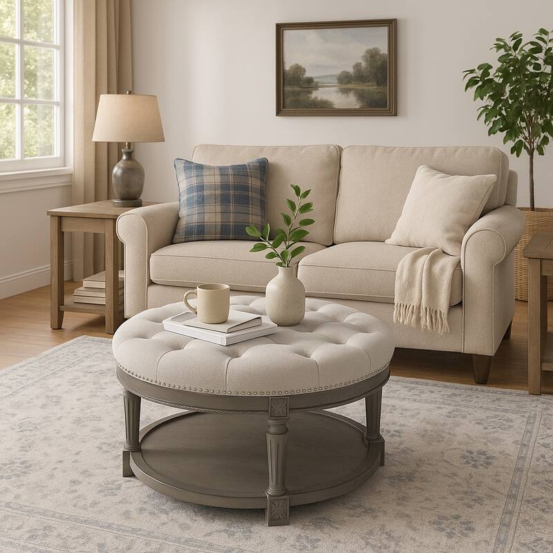 Maven Lane Mesa Round Upholstered Coffee Table - Aged Grey - 19' x 32' x 32'