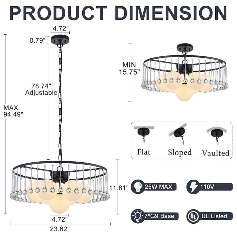 7-Light Modern Circular Chandelier with White Glass & Crystal Accents - Dia.23.62-in