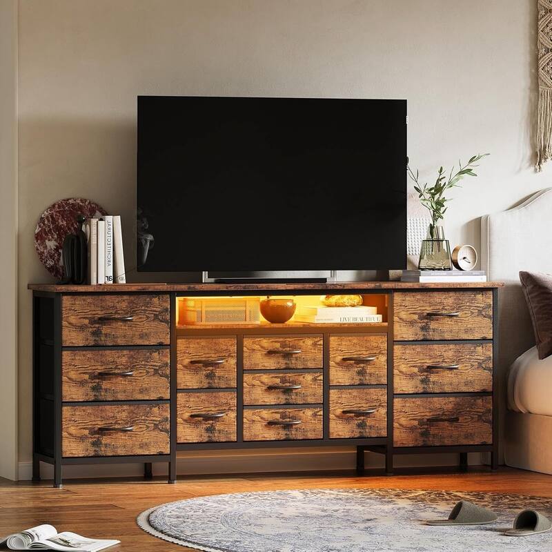 70 Inch Long Dresser TV Stand with 13 Chest of Fabric Drawers, Power Outlets and LED Lights - Brown