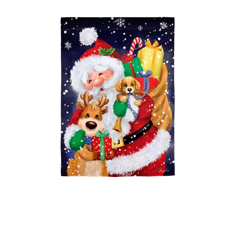 12.5 in. x 18 in. Santa, Reindeer and Puppy Suede Garden Flag - Multicolor
