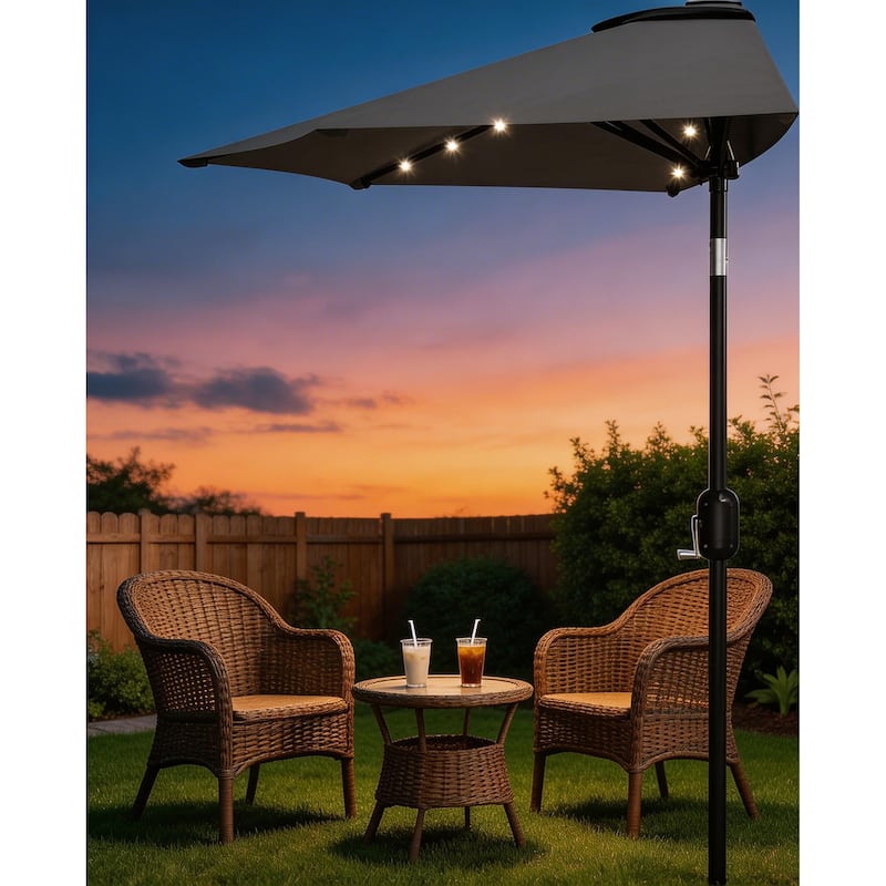 9ft Outdoor Patio Half Umbrella, with Solar LED Lights and Smooth Crank Lift - Grey