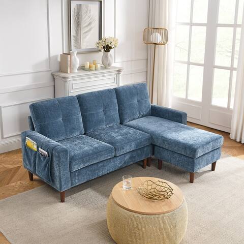 80" Convertible Sectional Sofa Couch, Chenille 3 Seats L-Shape Sofa with Removable Cushions and Pocket, Rubber Wood Legs