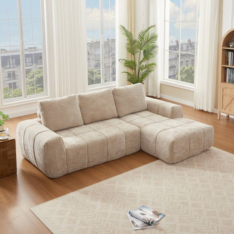 100" Modern Compression Sofa - Chenille L-Shaped Couch with Removable Pillows, No Assembly Required for Living Room