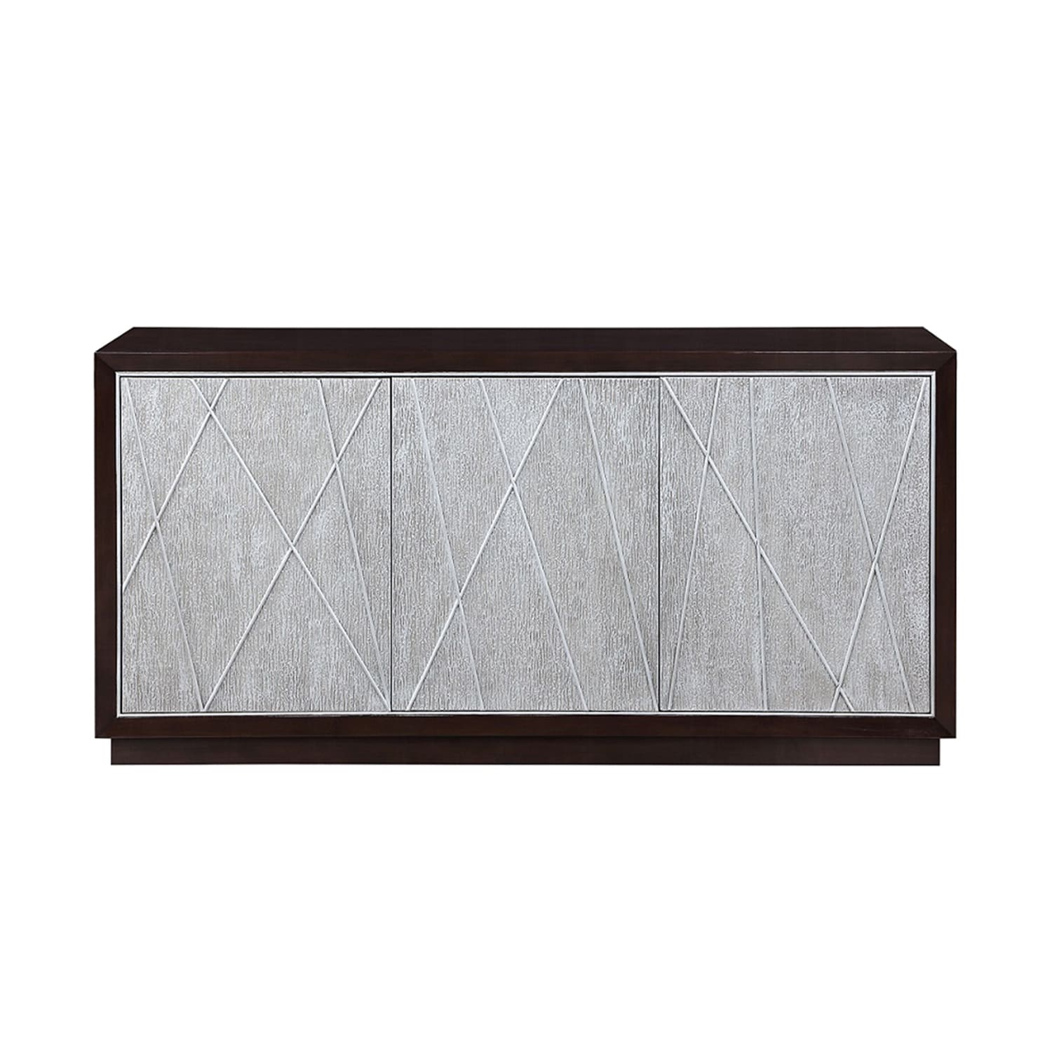 Wooden Console Cabinet with 3 Handle-Free Doors in Metallic Silver and Walnut