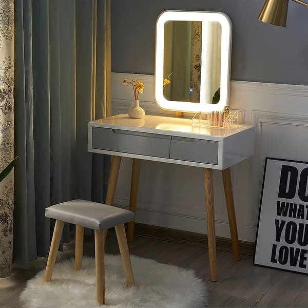 Dressing Table Set with 3 Lighting Modes Mirror, Silent Slide Drawers, and  Free Makeup Organizer in Grey+White - Bed Bath & Beyond - 42222221
