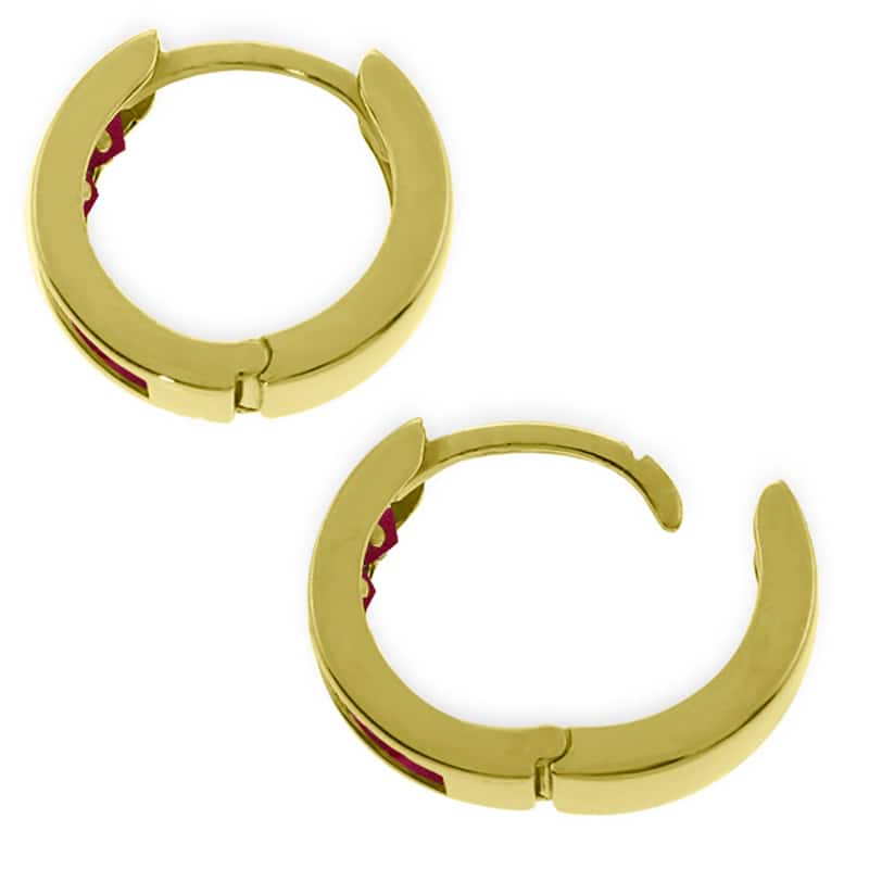 14K Solid Gold Hoop Huggie Gemstone Earrings w/ Natural Rubies