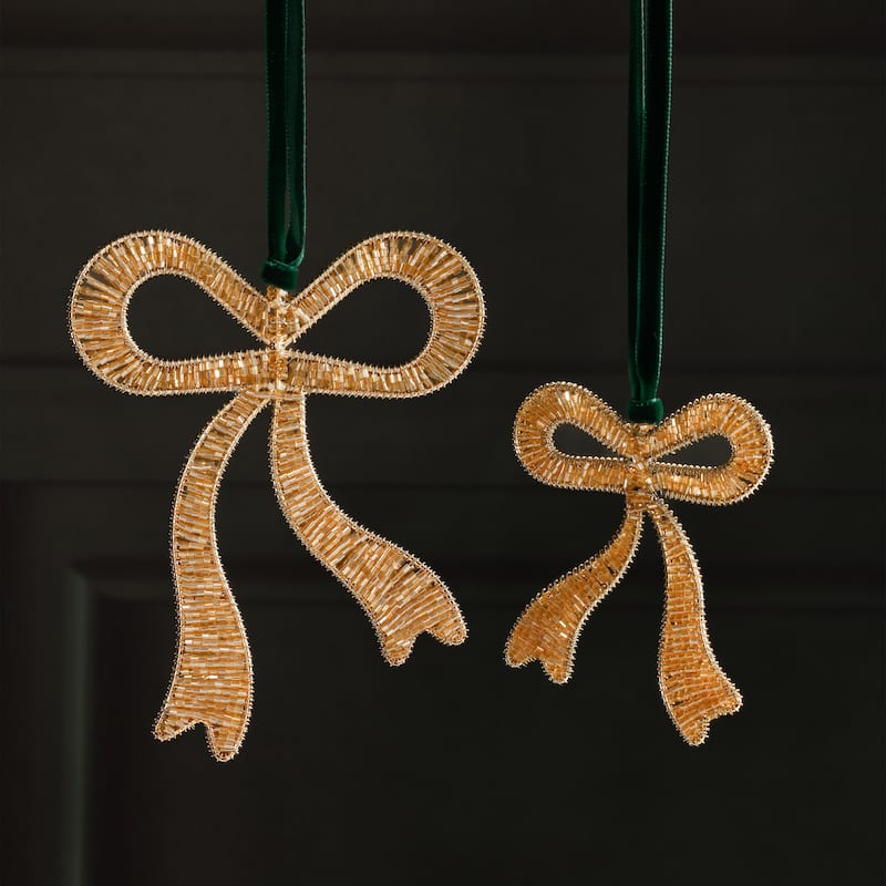 Holiday Decorative Beaded Gold Bow Hanging Ornaments, 12 Pieces (6 Sets of 2)