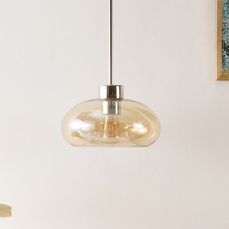 SAFAVIEH Lighting Berivan Glass Shade Pendant - 11 In. W x 11 In. D x 15-45 In. H - Amber/Nickel - 11Wx11Dx45H