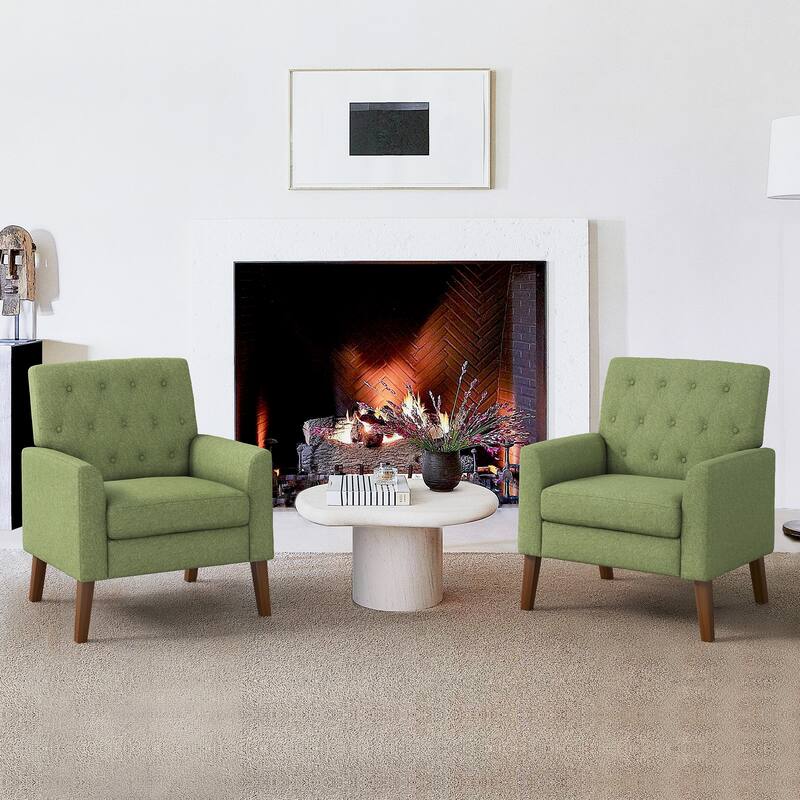 LUE BONA Linen Accent Chair Comfy Living Room Chair with Arms Upholstered Button Tufted Armchair Modern Arm Chairs Set Of 2 - Avocado Green Linen