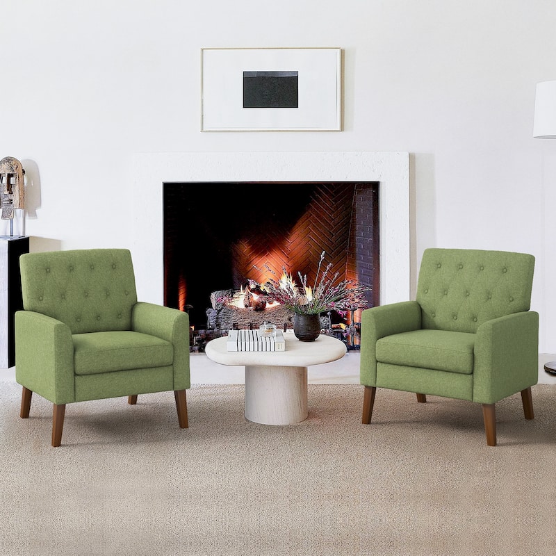 Modern Upholstered Accent Chair with Tufted Backrest and Solid Wood Legs Living Room Armchair - Green/Fabric - Set of 2