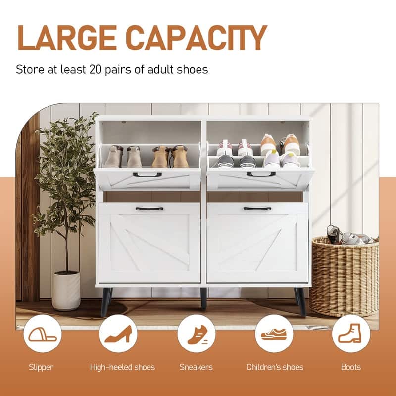Barn Door 4 Flip Black Handles Melamine Particleboard Shoe Cabinet 41.7In