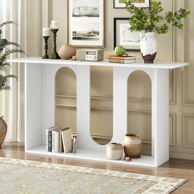 Ash Veneer Console Table Curved, Hallway Tables wOpen Storage Shelf Modern Entryway Table Sofa Table for Living Room