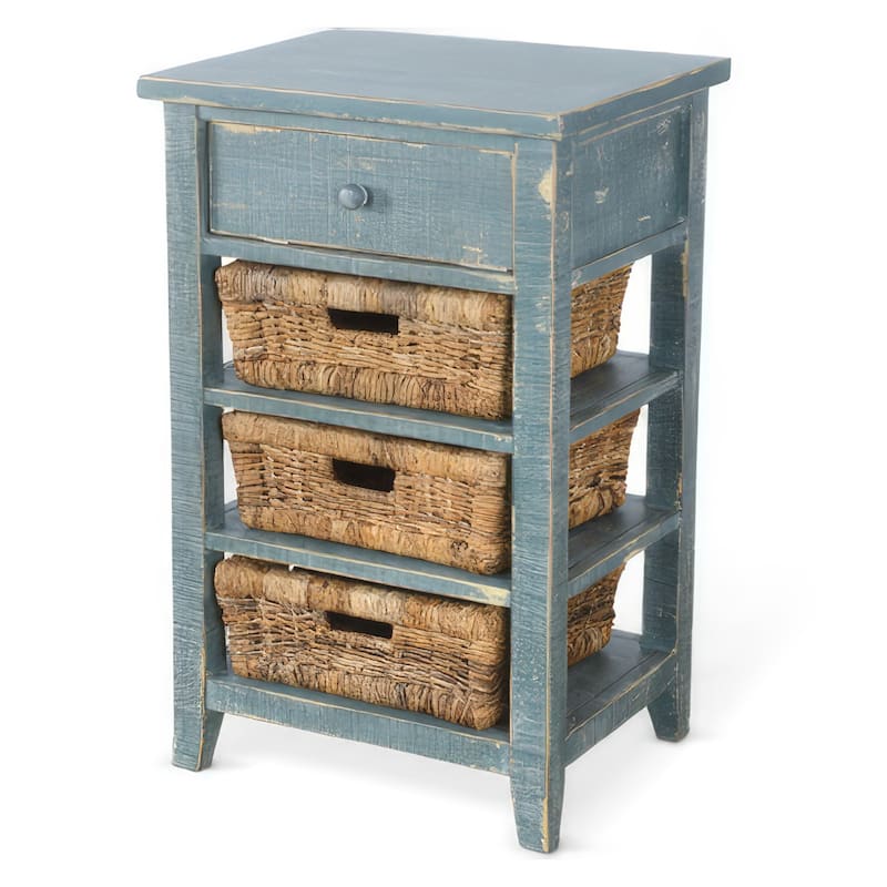 Rena End Table, 3 Natural Rattan Storage Baskets, 20 Inch Green Wood