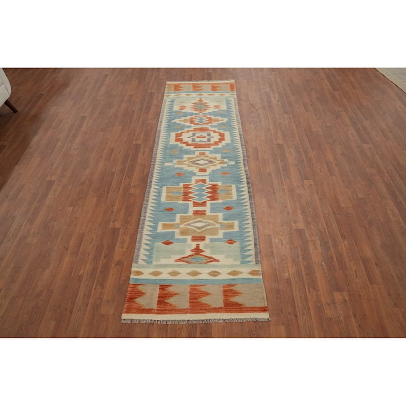 Hand Woven Oriental 100% Wool Carpet Southwestern Tribal Navy Blue & Blues Kilim Runner Rug - 9' 7'' X 2' 9''