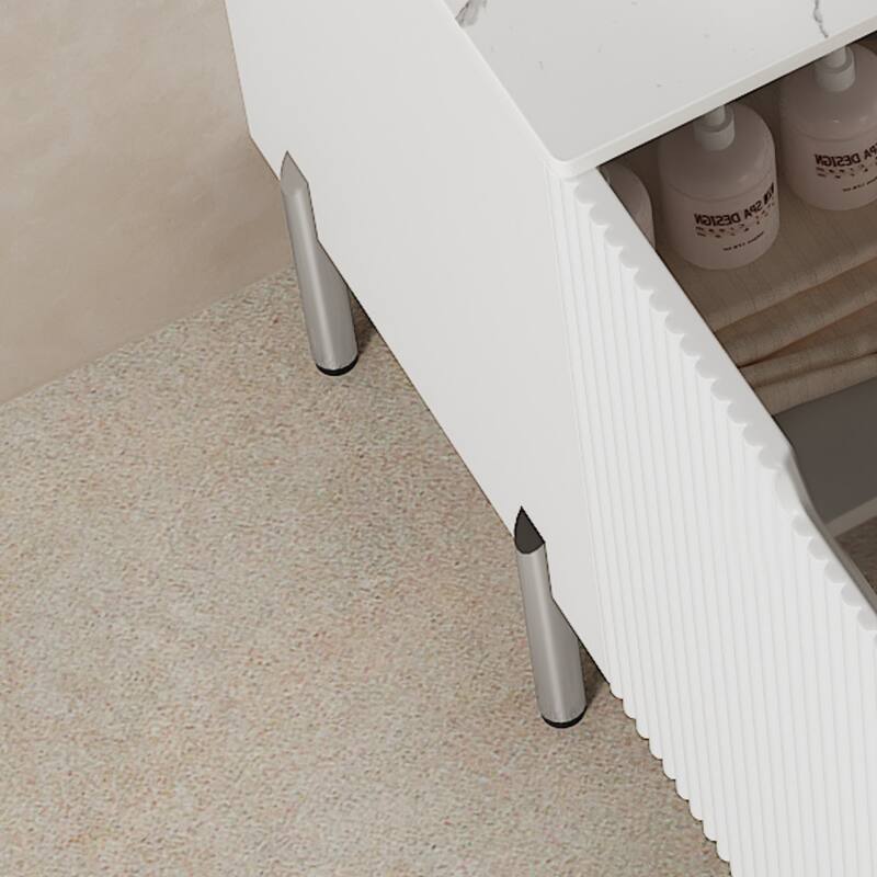 Stylish Striped Double Doors Storage Cabinet Bathroom Vanity with Round Stone Pattern Ceramic Basin and Carrara White Countertop