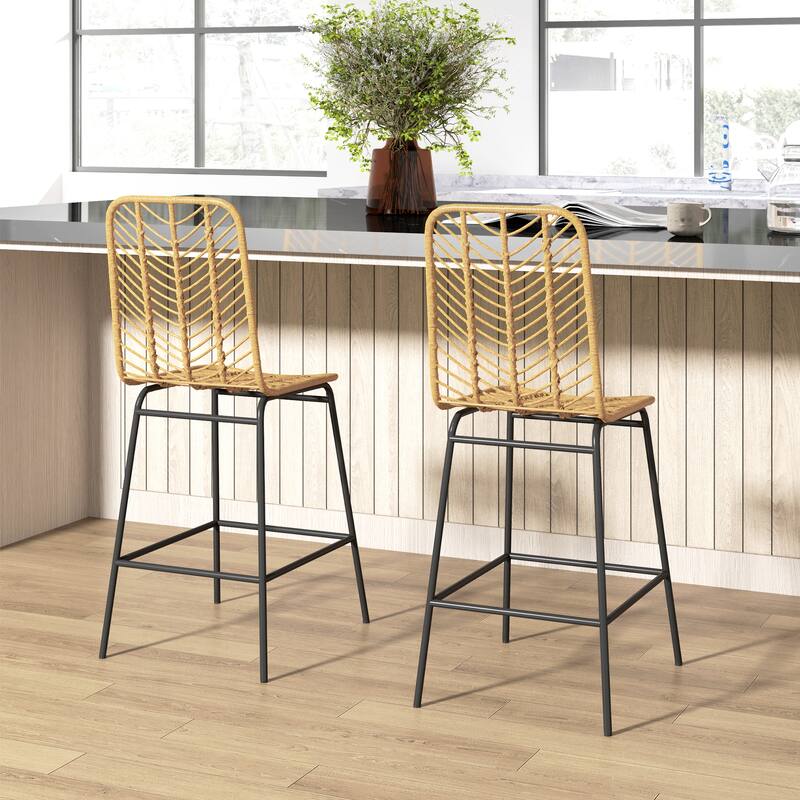Modern Yellow Bar Stools with Breathable PE Rattan and Black Steel Frame Included Footrest - 16.75" W x 20.5" D x 40.25" H