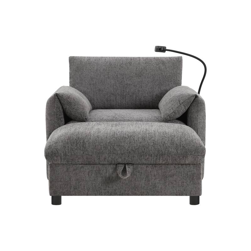 Single Sofa Chair and Storage Ottoman Sets, Chenille Accent Chair Wide Seat Chaise Lounge Couch with Phone Holder & USB Chargers
